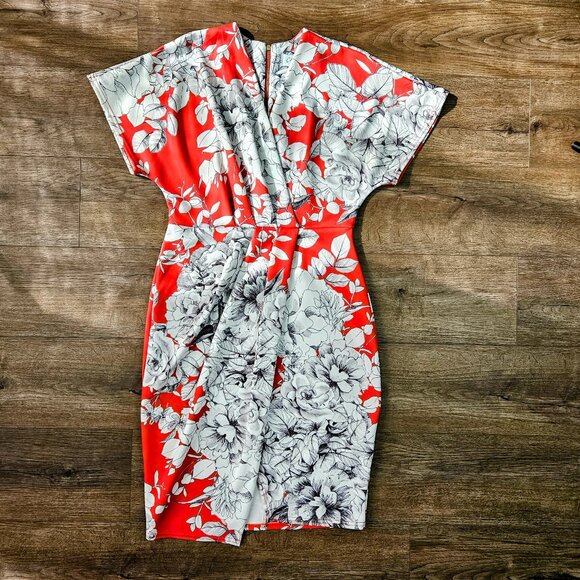 Closet Floral Print V-Neck Cross Over Midi Dress Red 10 - Picture 1 of 5